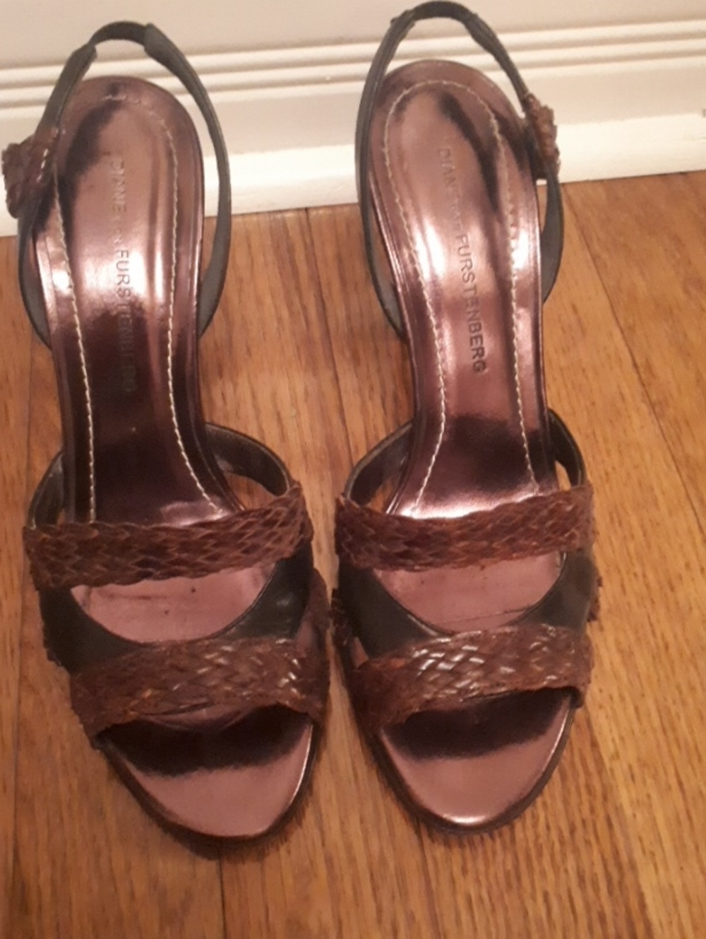 Diane Von Furstenberg Brown Woven Leather Open-Toe Slingback Heels